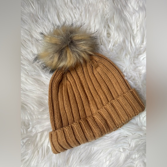 J. Crew Knit Beanie with Fluffy Pom-Pom - Tan - Picture 1 of 3